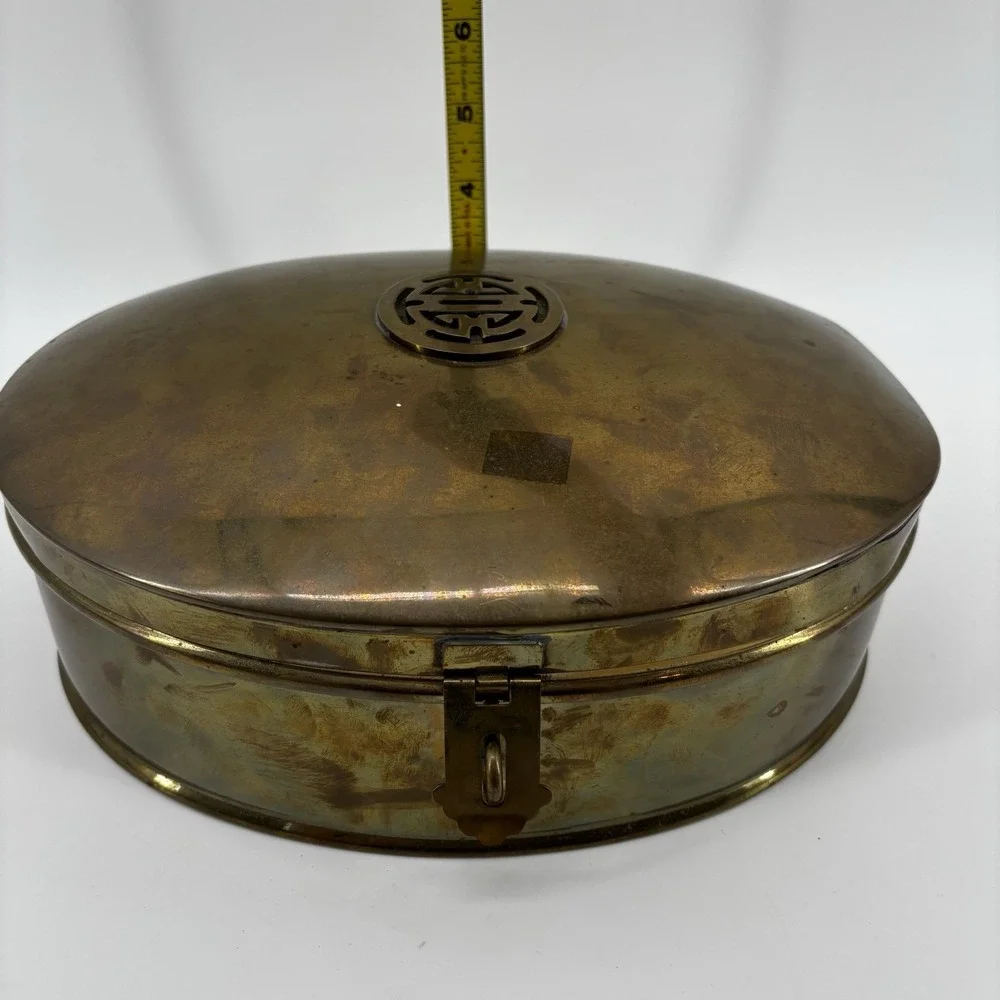 Vintage Brass Chinese Longevity Jewelry Trinket Keepsake Box, Oval, 11